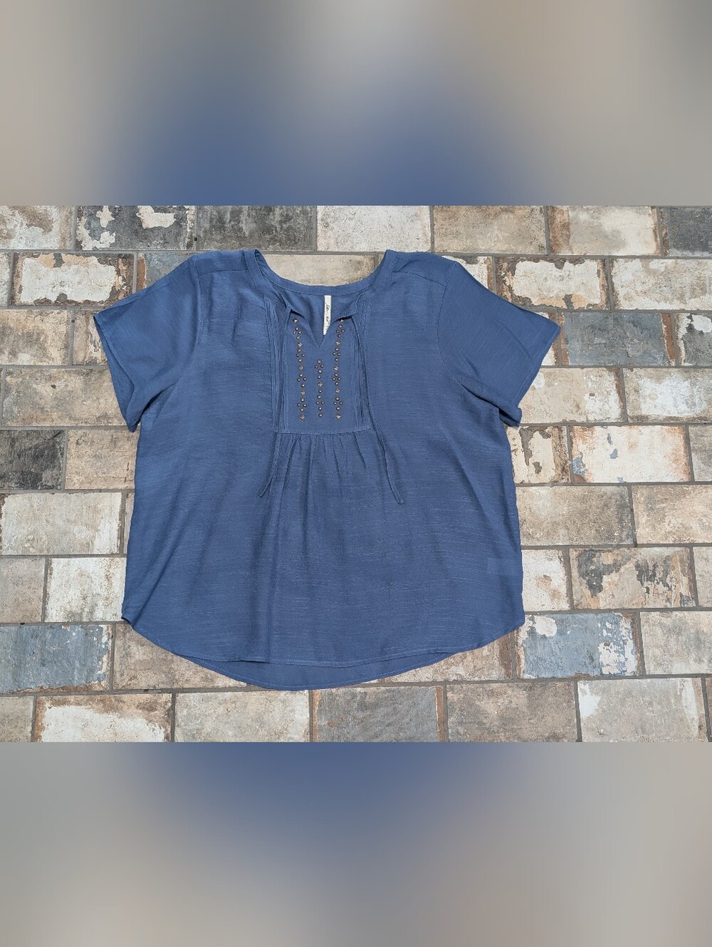 Jillian Nicole Slate Blue Metallic Studded Split-Neck Boho Top - Women's Size 1X